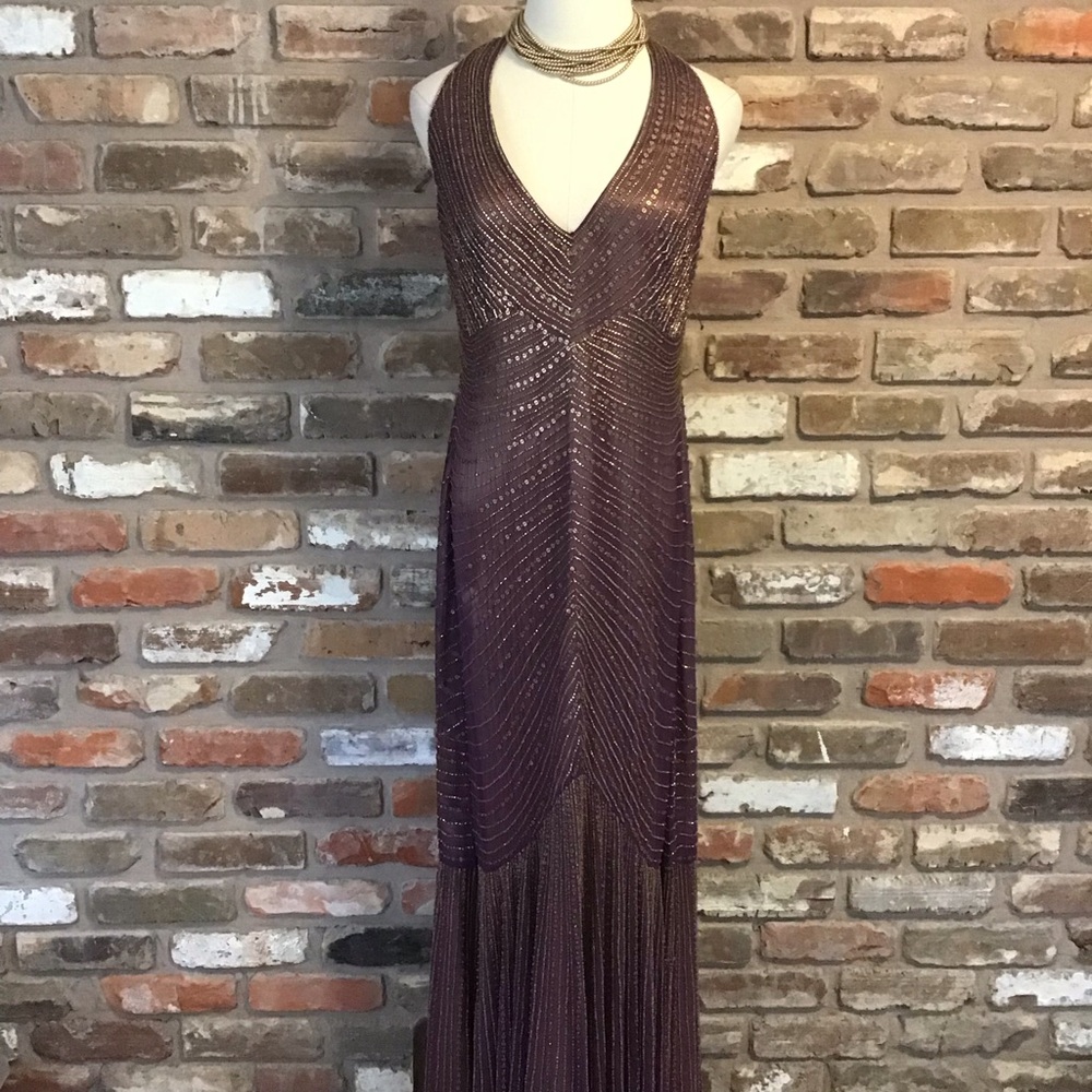 Adrianna Papell Purple Bronze Beaded Sequin Silk Maxi Gown Halter Neck 14